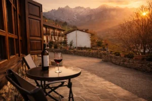 Terraza al atardecer con mesa, vino y vistas a las montañas de los Picos de Europa